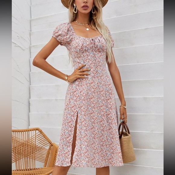 SHEIN Puff Sleeve Ruched Bust Ditsy Floral Milkmaid Dress - Picture 2 of 9